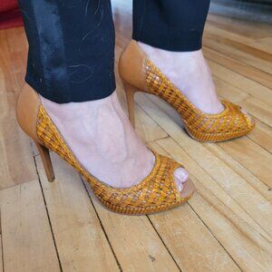 Arezzo Brazil Woven Leather Peep Toe Heels Tan Size 39